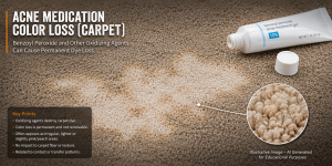 Localized carpet color loss caused by benzoyl peroxide acne medication showing irregular bleaching and permanent dye oxidation in a residential carpet.