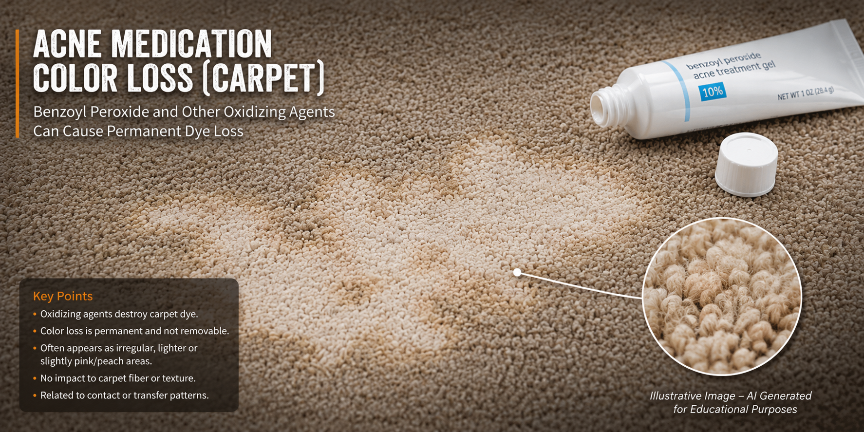 Localized carpet color loss caused by benzoyl peroxide acne medication showing irregular bleaching and permanent dye oxidation in a residential carpet.