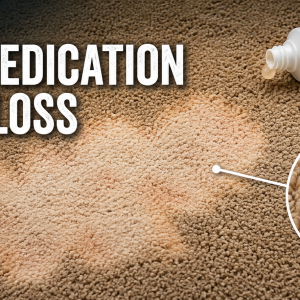 Localized carpet color loss caused by benzoyl peroxide acne medication showing irregular bleaching and permanent dye oxidation in a residential carpet.