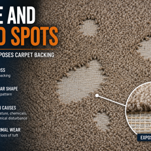 Localized carpet bare and bald spots showing yarn loss and exposed primary backing caused by tuft retention failure and carpet fiber withdrawal.