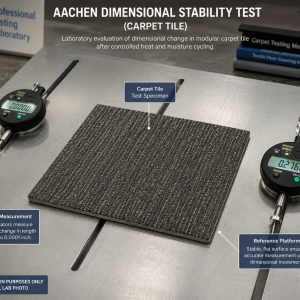 Illustration of Aachen dimensional stability laboratory testing for carpet tile using precision measurement gauges and controlled dimensional evaluation equipment.