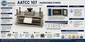 AATCC 107 Colorfastness to Water testing procedure using perspirometer for carpets, showing specimen preparation, incubation, and evaluation with Gray Scale for color change and Chromatic Transference Scale for staining.