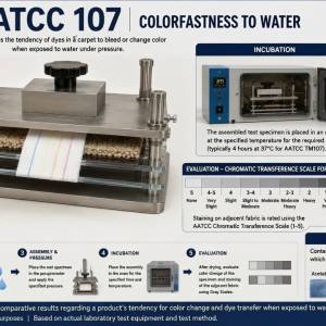 AATCC 107 Colorfastness to Water testing procedure using perspirometer for carpets, showing specimen preparation, incubation, and evaluation with Gray Scale for color change and Chromatic Transference Scale for staining.