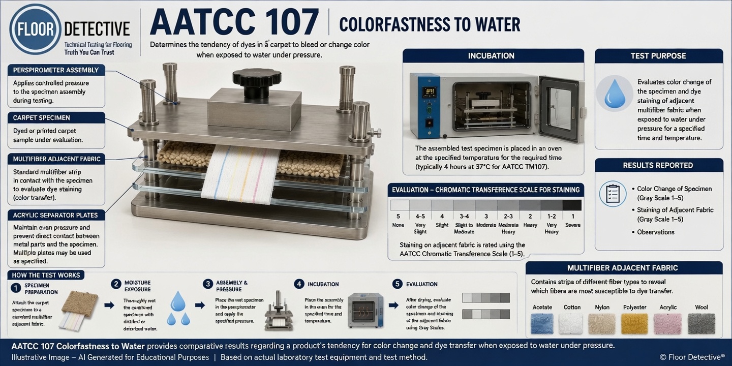 AATCC 107 Colorfastness to Water testing procedure using perspirometer for carpets, showing specimen preparation, incubation, and evaluation with Gray Scale for color change and Chromatic Transference Scale for staining.