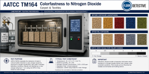 AATCC TM164 laboratory testing chamber evaluating carpet and textile colorfastness to nitrogen dioxide exposure with before-and-after specimen comparison panels.