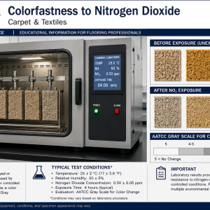 AATCC TM164 laboratory testing chamber evaluating carpet and textile colorfastness to nitrogen dioxide exposure with before-and-after specimen comparison panels.