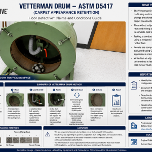 Vetterman Drum ASTM D5417 carpet appearance retention testing device showing rotating drum equipment used to evaluate carpet durability, texture change, crushing, and appearance retention under simulated foot traffic conditions.