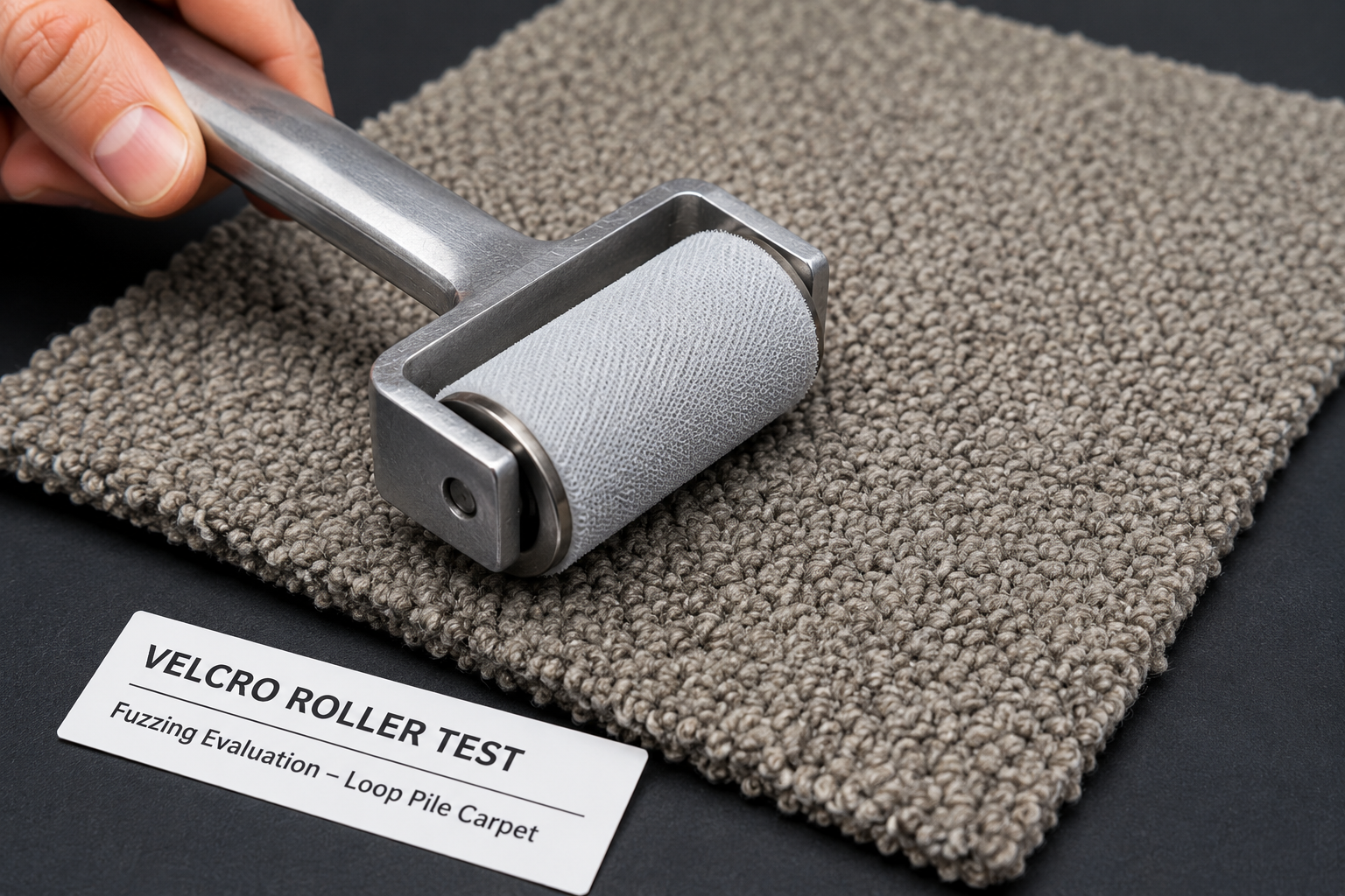 Velcro Roller Test evaluating fuzzing potential on a loop pile carpet specimen using a laboratory roller under controlled testing conditions.