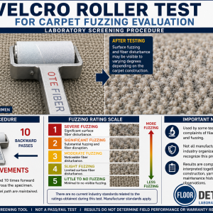 Velcro Roller Test for carpet fuzzing evaluation showing a Velcro-covered roller applied to a loop pile carpet specimen, fuzzing rating scale, and laboratory testing procedure used to assess filament slippage and surface fiber disturbance.