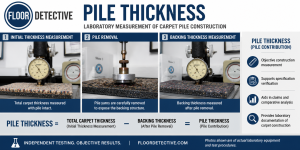 Pile Thickness Carpet Laboratory Test illustrating compressometer measurements of carpet specimens before and after pile removal to determine the thickness contribution of the pile yarn within the carpet construction.