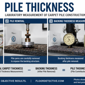 Pile Thickness Carpet Laboratory Test illustrating compressometer measurements of carpet specimens before and after pile removal to determine the thickness contribution of the pile yarn within the carpet construction.