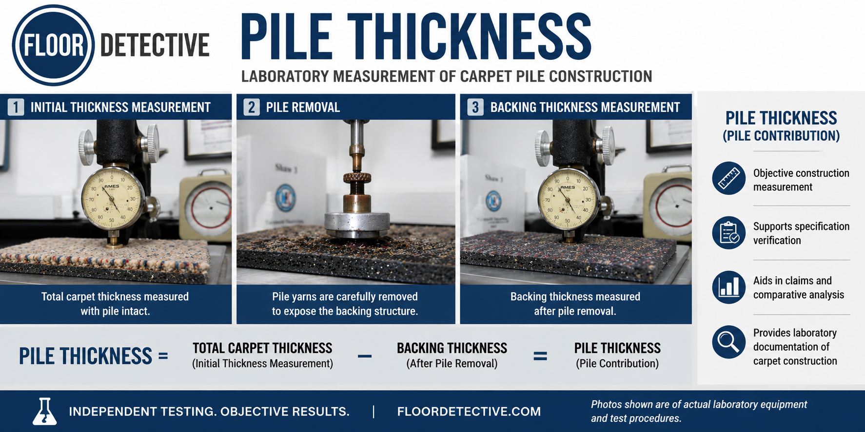 Pile Thickness Carpet Laboratory Test illustrating compressometer measurements of carpet specimens before and after pile removal to determine the thickness contribution of the pile yarn within the carpet construction.