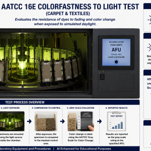 AATCC 16E Colorfastness to Light Test showing a xenon arc exposure chamber with carpet and textile specimens mounted facing the central light source for simulated daylight testing.
