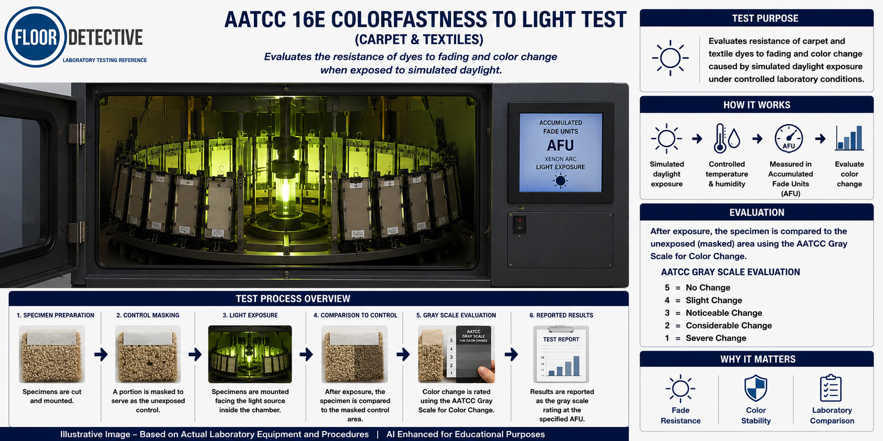 AATCC 16E Colorfastness to Light Test showing a xenon arc exposure chamber with carpet and textile specimens mounted facing the central light source for simulated daylight testing.