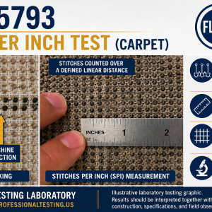 ASTM D5793 laboratory test measuring stitches per inch (SPI) in tufted carpet by counting exposed tuft stubble in the machine direction.