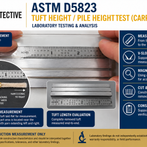 ASTM D5823 pile height and tuft height testing of carpet using a V-slotted specimen holder, calibrated ruler, and laboratory measurement procedures.