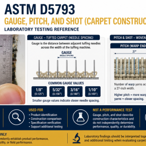 ASTM D5793 gauge, pitch, and shot carpet construction reference showing gauge measurement, tufted carpet needle spacing, and woven carpet construction terminology.