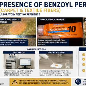 Laboratory evaluation of benzoyl peroxide residues associated with acne medication color loss and carpet fiber discoloration.