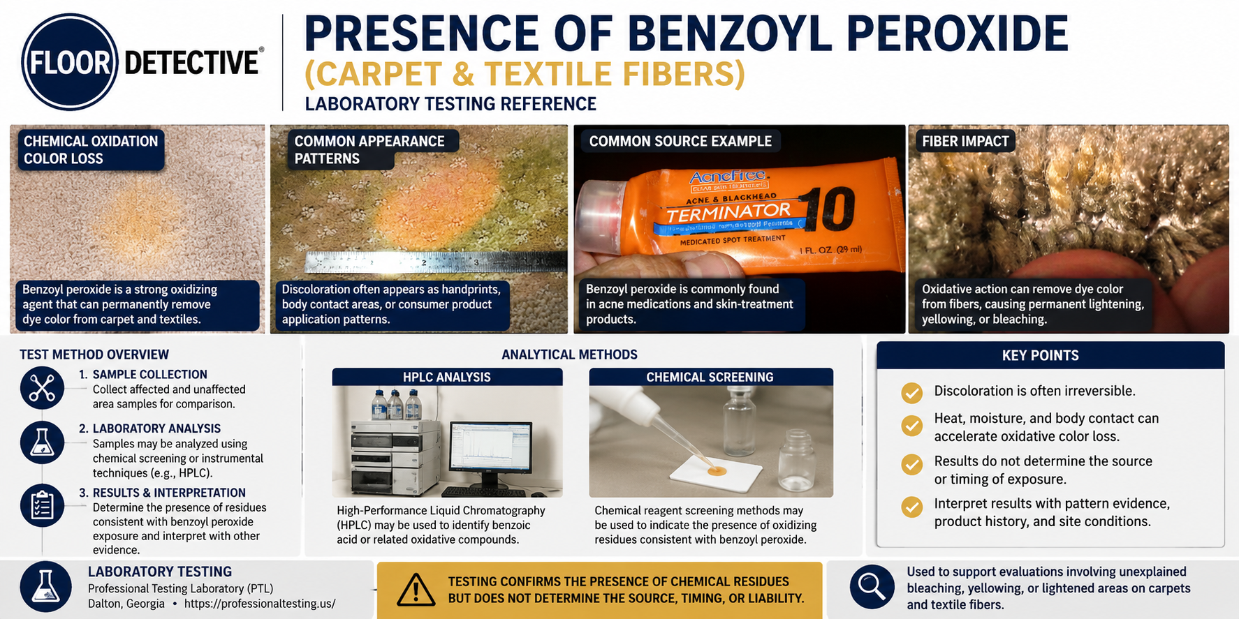 Laboratory evaluation of benzoyl peroxide residues associated with acne medication color loss and carpet fiber discoloration.