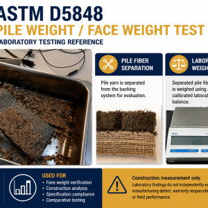 ASTM D5848 pile weight test showing carpet fiber separation, weighing procedures, and laboratory analysis used to determine carpet face weight and pile weight.
