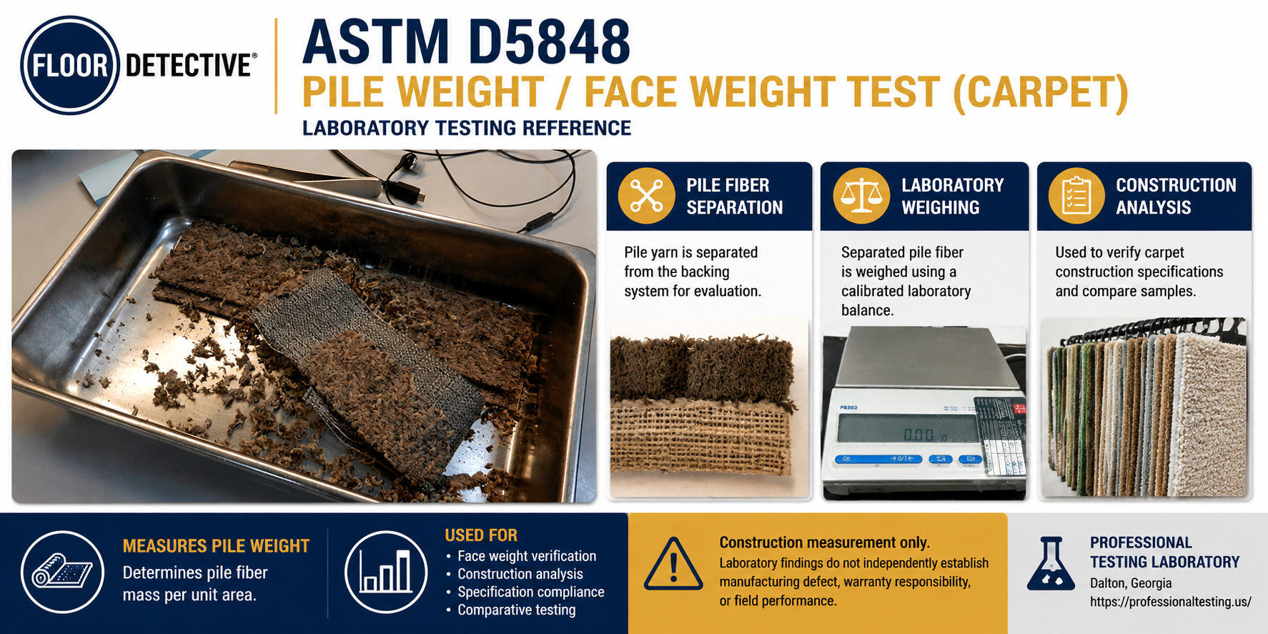 ASTM D5848 pile weight test showing carpet fiber separation, weighing procedures, and laboratory analysis used to determine carpet face weight and pile weight.