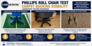 Phillips Roll Chair Test evaluating carpet backing stability under repeated rolling office chair traffic.