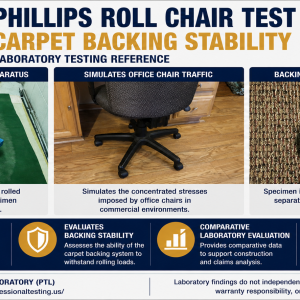 Phillips Roll Chair Test evaluating carpet backing stability under repeated rolling office chair traffic.