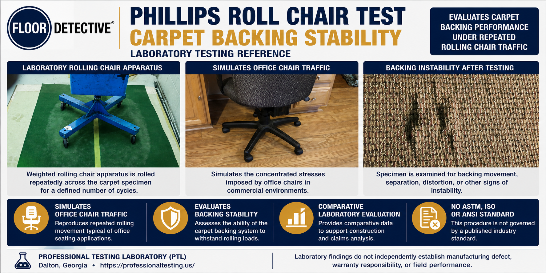 Phillips Roll Chair Test evaluating carpet backing stability under repeated rolling office chair traffic.