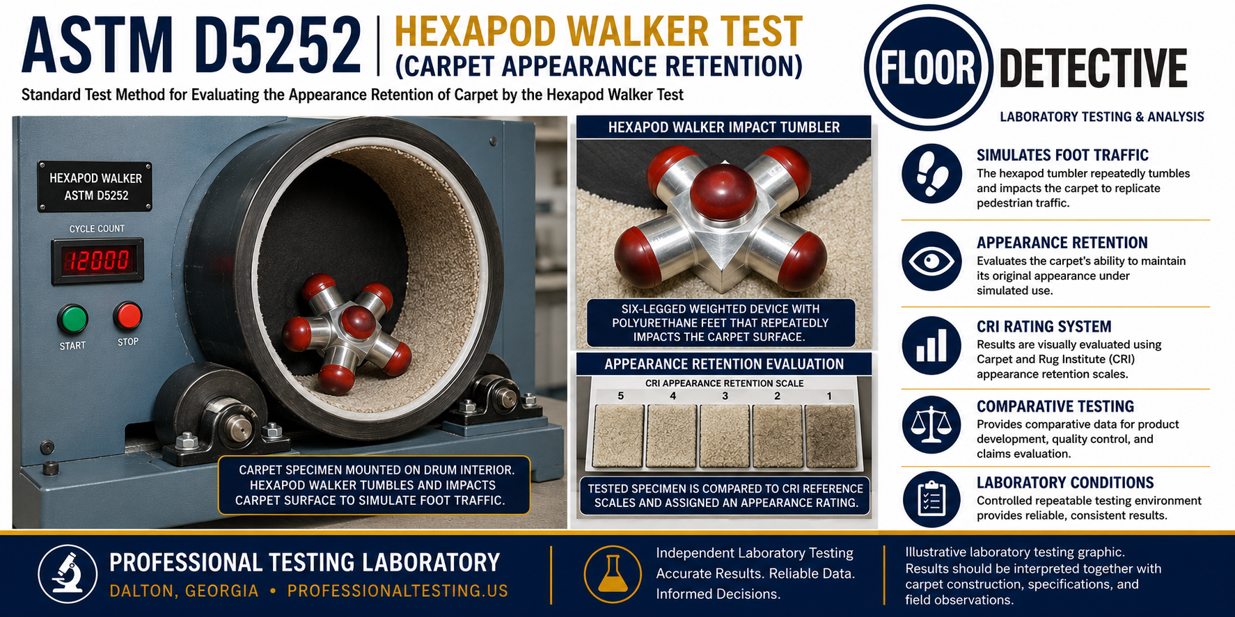 ASTM D5252 Hexapod Walker Test apparatus used to evaluate carpet appearance retention under simulated foot traffic conditions.