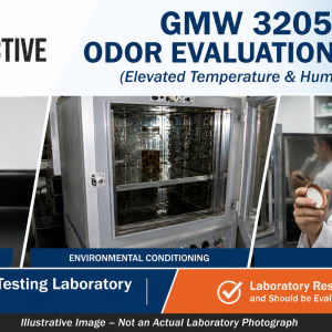 GMW 3205 odor evaluation laboratory testing showing sealed specimen jars, environmental conditioning oven, and odor assessment procedures under elevated temperature and humidity conditions.