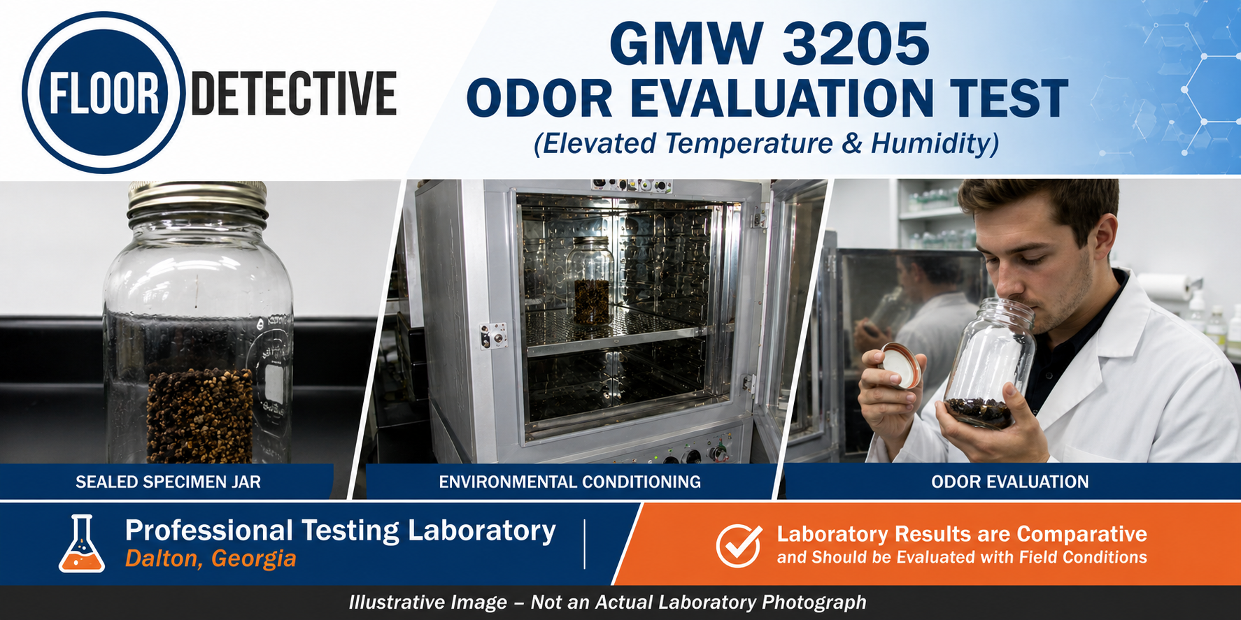 GMW 3205 odor evaluation laboratory testing showing sealed specimen jars, environmental conditioning oven, and odor assessment procedures under elevated temperature and humidity conditions.