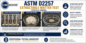 ASTM D2257 extractable matter laboratory testing graphic showing solvent extraction apparatus, textile fiber specimens, residue measurement, and Professional Testing Laboratory procedures.