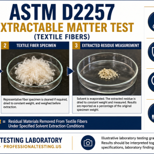 ASTM D2257 extractable matter laboratory testing graphic showing solvent extraction apparatus, textile fiber specimens, residue measurement, and Professional Testing Laboratory procedures.