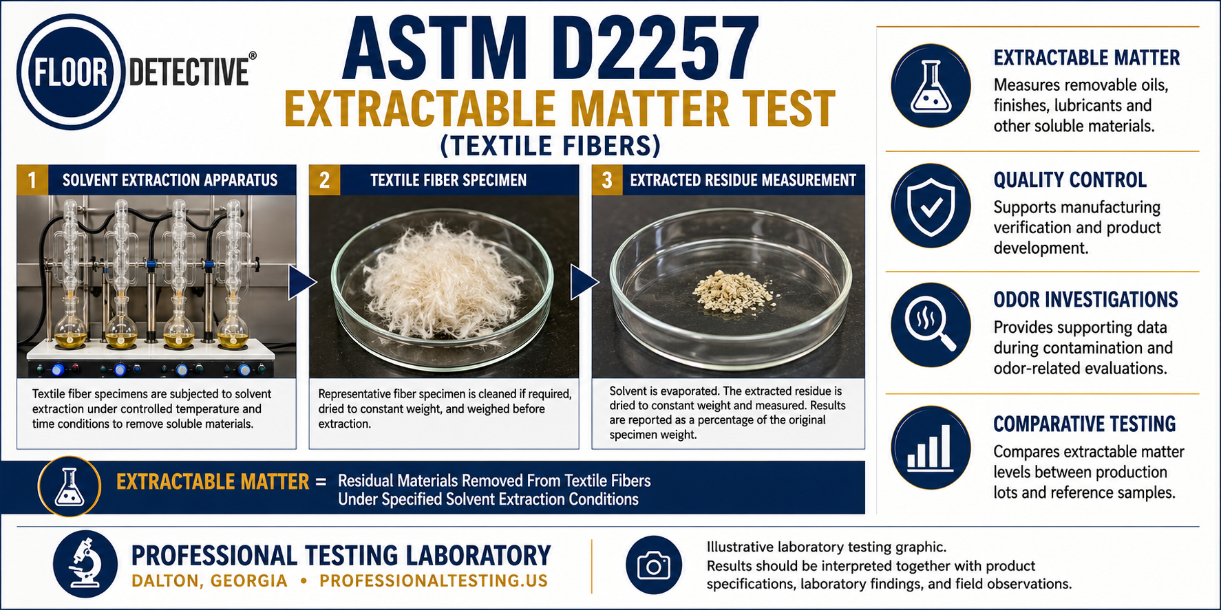 ASTM D2257 extractable matter laboratory testing graphic showing solvent extraction apparatus, textile fiber specimens, residue measurement, and Professional Testing Laboratory procedures.