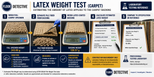 Latex Weight Test laboratory evaluation showing carpet specimen weighing, backing analysis, and estimated latex application during carpet construction testing.