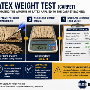 Latex Weight Test laboratory evaluation showing carpet specimen weighing, backing analysis, and estimated latex application during carpet construction testing.