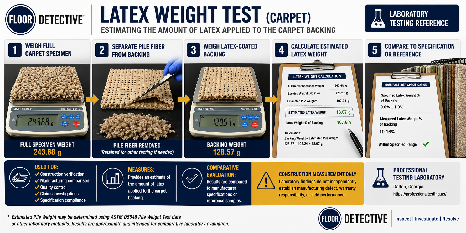 Latex Weight Test laboratory evaluation showing carpet specimen weighing, backing analysis, and estimated latex application during carpet construction testing.