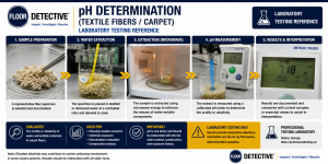 pH determination laboratory test showing carpet fiber extraction, microwave heating, and calibrated pH meter analysis.
