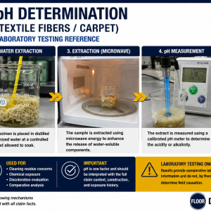 pH determination laboratory test showing carpet fiber extraction, microwave heating, and calibrated pH meter analysis.