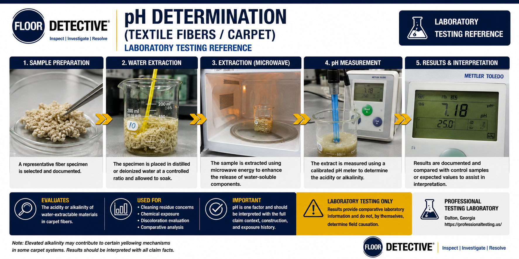 pH determination laboratory test showing carpet fiber extraction, microwave heating, and calibrated pH meter analysis.