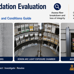 Fiber degradation evaluation laboratory testing showing xenon arc accelerated aging chamber, textile exposure carousel, and degraded carpet fibers used to evaluate fiber deterioration.
