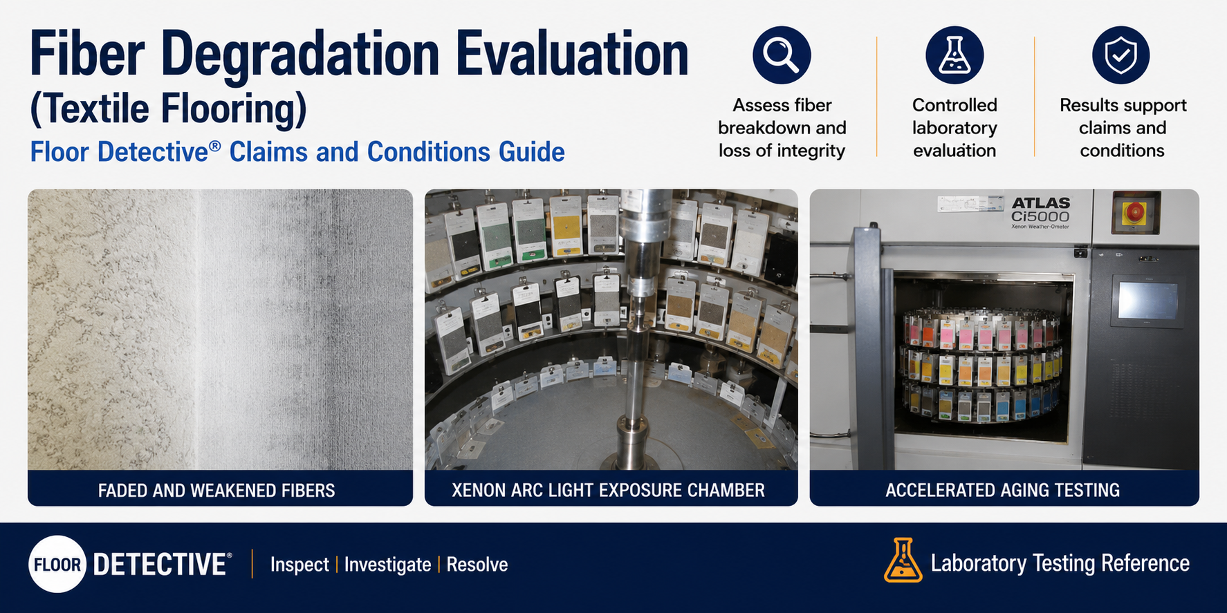 Fiber degradation evaluation laboratory testing showing xenon arc accelerated aging chamber, textile exposure carousel, and degraded carpet fibers used to evaluate fiber deterioration.