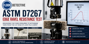 Laboratory edge ravel resistance test measuring the force required to remove loop pile yarn from the cut edge of carpet during comparative testing.