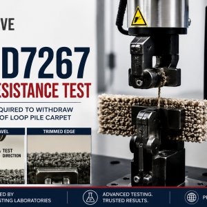 Laboratory edge ravel resistance test measuring the force required to remove loop pile yarn from the cut edge of carpet during comparative testing.