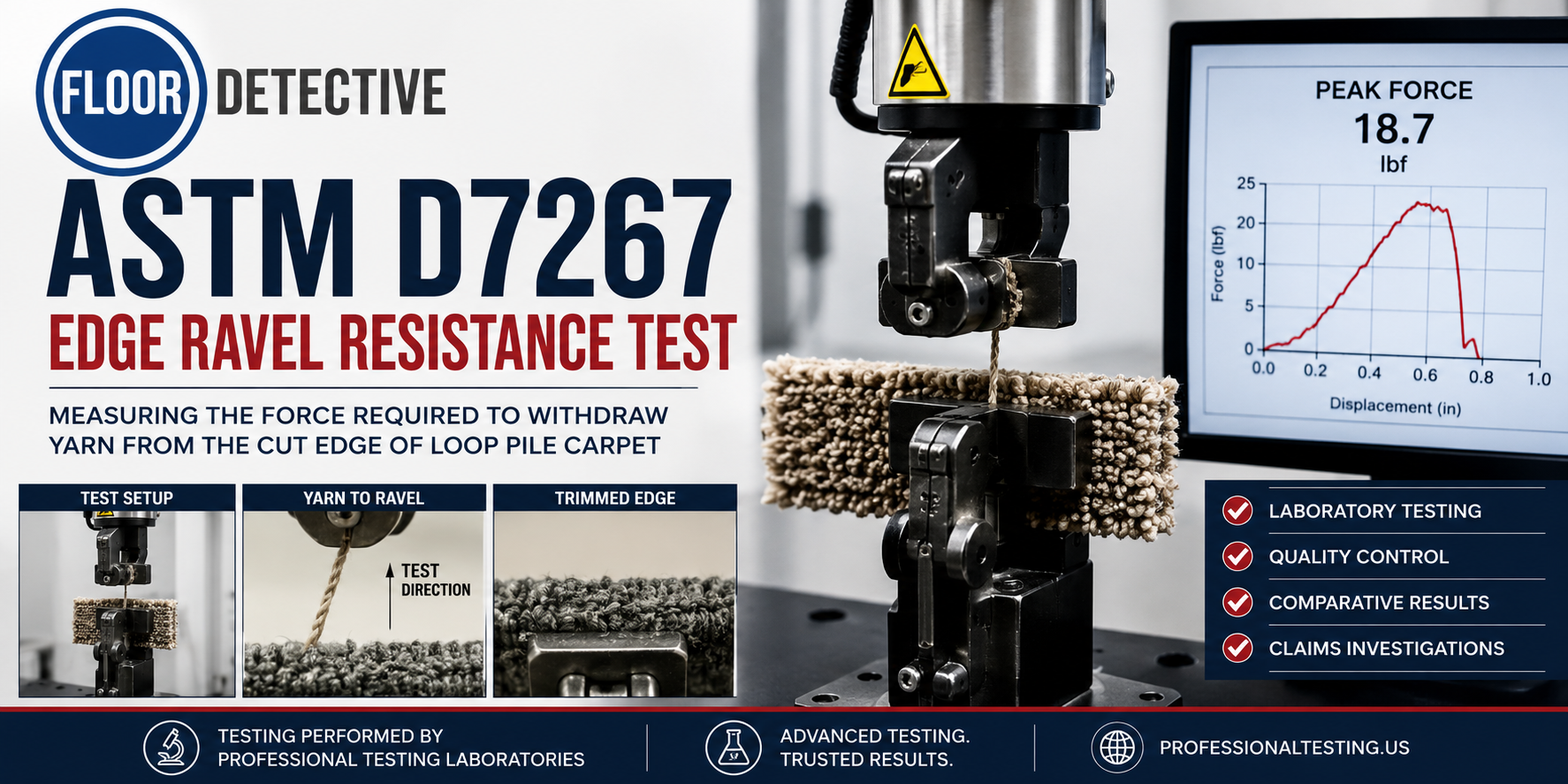 Laboratory edge ravel resistance test measuring the force required to remove loop pile yarn from the cut edge of carpet during comparative testing.
