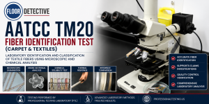 Laboratory microscope and fiber identification equipment used for AATCC TM20 fiber identification testing of carpet and textile flooring samples.