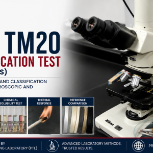 Laboratory microscope and fiber identification equipment used for AATCC TM20 fiber identification testing of carpet and textile flooring samples.