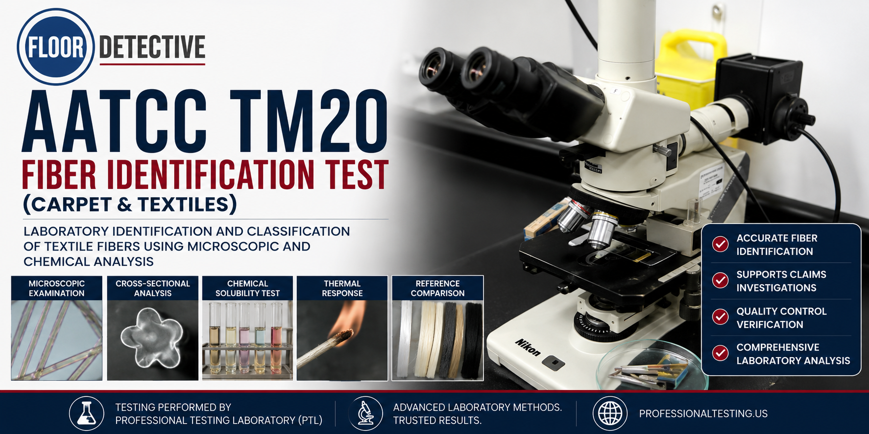 Laboratory microscope and fiber identification equipment used for AATCC TM20 fiber identification testing of carpet and textile flooring samples.