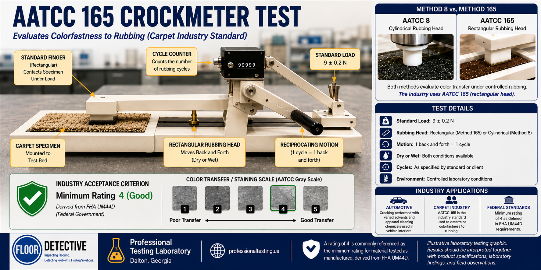 AATCC 165 Crockmeter Test showing laboratory equipment used to evaluate carpet colorfastness to rubbing with a rectangular rubbing head under controlled conditions.
