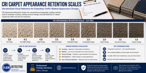 CRI Carpet Appearance Retention Scales showing standardized visual grading from 5.0 to 1.0 for evaluating traffic-related crushing, matting, texture change, and pile distortion in carpet.